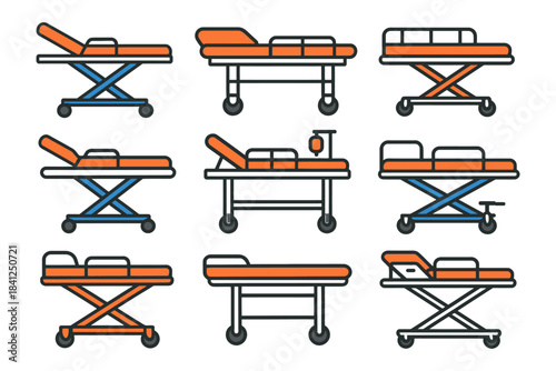 Set of nine medical stretcher illustrations with various designs and features.