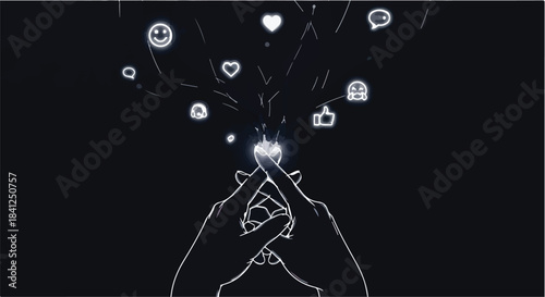 Fingers interact with glowing digital icons, representing social media and online connection.