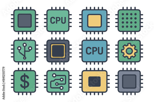 Colorful cpu icon set featuring various circuit designs and configurations.