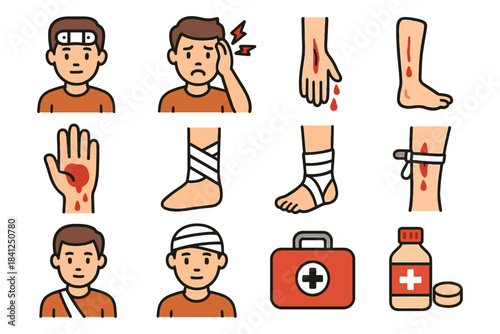 Cartoon medical treatment: bandages, bleeding, and emergency icons for injuries.