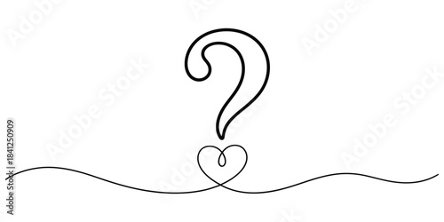 Continuous line drawing of a question mark with a heart base