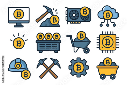 Bitcoin mining icons set: computer, pickaxe, cloud, gpu, cart, gear, chip.