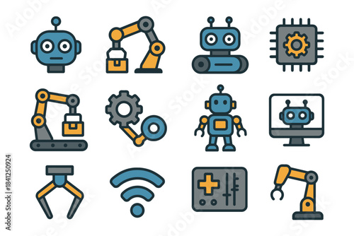 Collection of robotic icons depicting automation and technology elements.