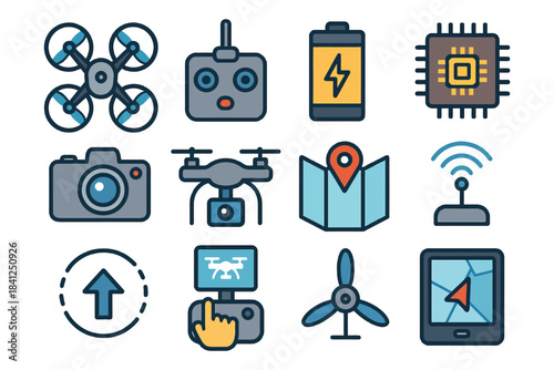 Drone technology icons: camera, gps, battery, remote control, propeller.