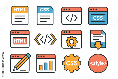 Web development icons: html, css, coding tools, and graphs.