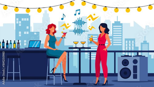 Two women enjoying drinks and music at a vibrant rooftop bar party with a city skyline background.