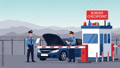 Two police officers inspecting a blue car at a border checkpoint with an open hood and a barrier.