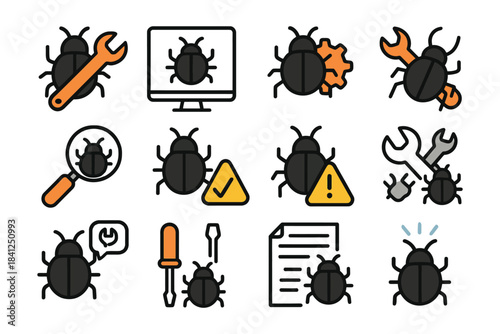 Bug fixing and debugging icons set: tools, wrench, warning signs, and computer bugs.