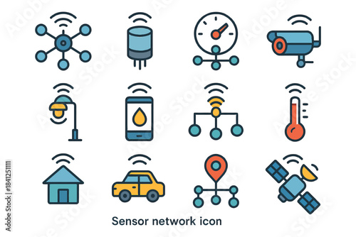 Collection of sensor network icons featuring technology and connectivity themes.