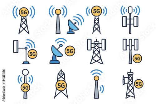 5g network icons set featuring antennas and satellite dishes.