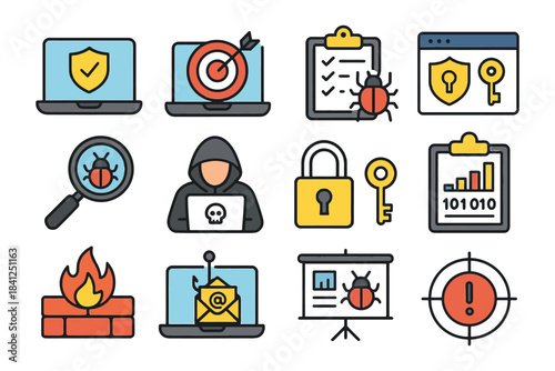 Cybersecurity icon set featuring antivirus, firewall, and password protection.