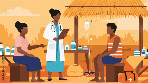 A female doctor provides medical care and consultation to patients in an outdoor clinic setting with an IV drip and supplies.
