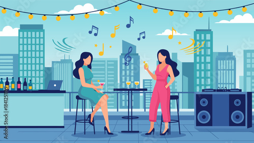 Two women enjoying a rooftop party with music and drinks in a city setting.