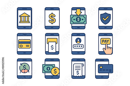Mobile banking and payment icons collection featuring banking, transactions, security, and payments.