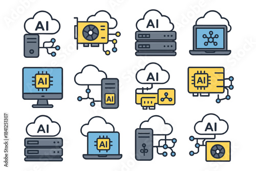 Ai technology icons: cloud computing and artificial intelligence integration.
