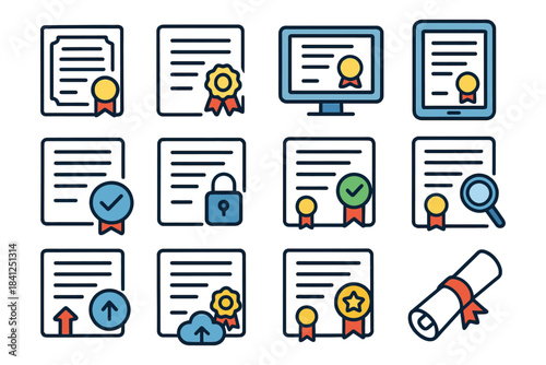 Icons of digital certification and document approval with seals and badges.