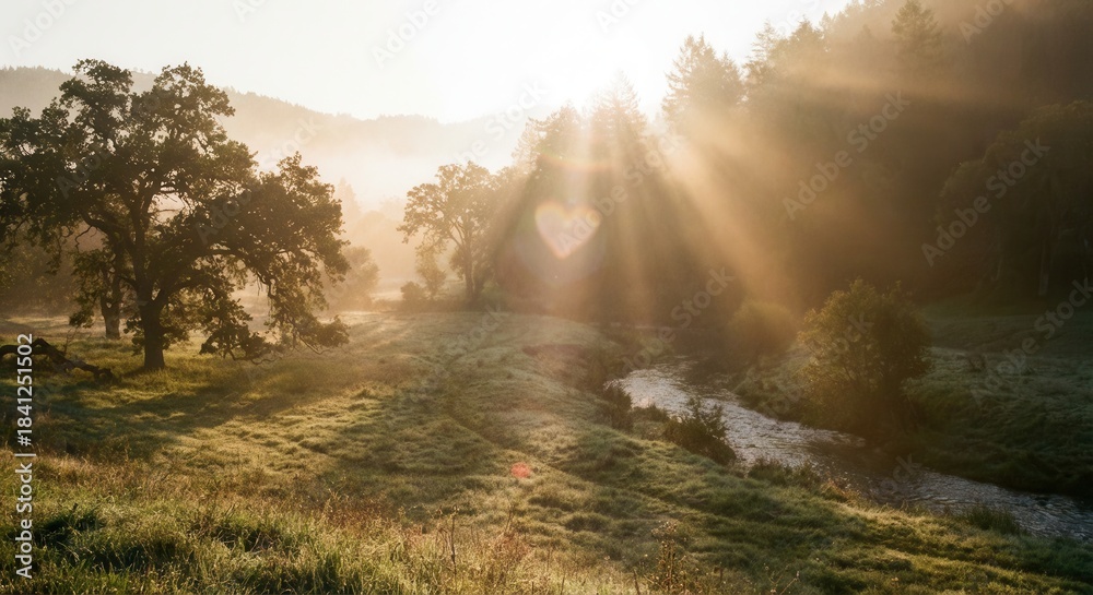 Fototapeta premium Serene River Valley with Sun Rays Through Oak Trees at Dawn.