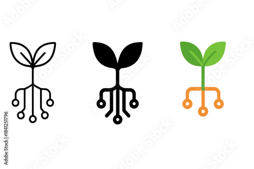 Tech-Plant Fusion Icon. Minimalist icon merging plant sprout with circuit board roots symbolizing data cultivation, first in line