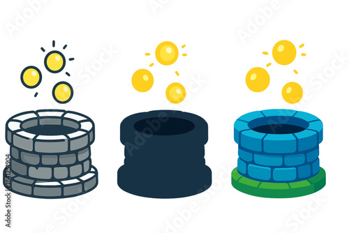 Enchanted Well Orbs. Stone well, floating memory orbs, glowing light, first in line style with thin outline, second in solid style