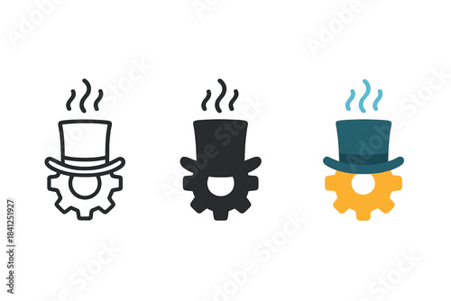 Steampunk Gear Trio. Top hat, rising steam, small gear, first in line style with thin outline, second in solid style filled shape,