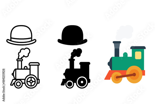 Stylized Steam Engine. Bowler hat, miniature steam engine, smoke trail, first in line style with thin outline, second in solid