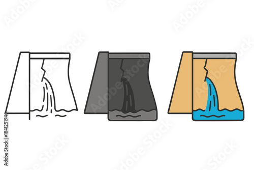 Cracked Dam in Styles. Concrete dam wall, visible crack, water seepage, first in line style with thin outline, second in solid