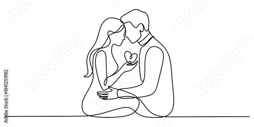 One line drawing couple holding heart, romantic love symbol