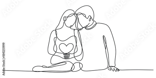 Continuous line drawing of loving couple embracing with heart symbol