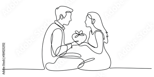 One line drawing of a man giving a heartshaped gift to a woman