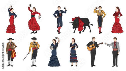 Vibrant Spanish flamenco dancers and bullfighter illustrations