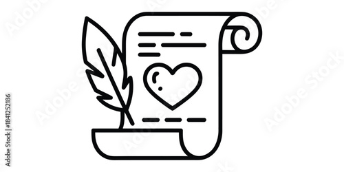 Love letter scroll with quill pen icon outline style