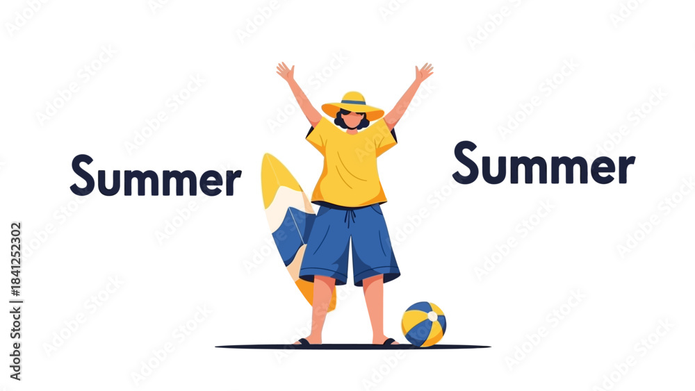 Fototapeta premium Happy young person celebrating summer with surfboard and beach ball
