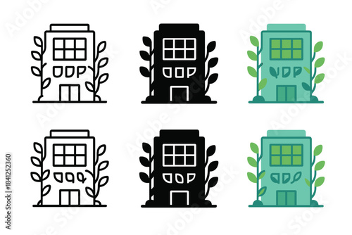 Eco-Friendly Office Icon. Modern office building covered with green solar panels and living plants, minimal vector icon, first in