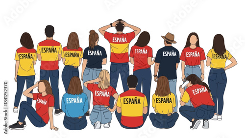 Diverse group of people wearing España t shirts in red and yellow