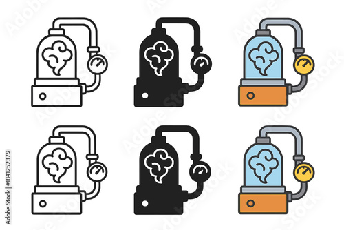 Mechanical Dream Extractor. Mechanical dream extractor with glass chamber containing swirling vapor, simple minimalist vector