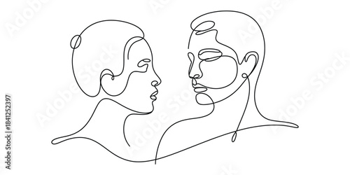 Minimalist continuous line art drawing of a man and woman facing each other