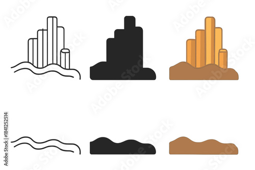 Basalt Columns Vector. Side view of basalt columns rising from cooled lava flow, simple minimalist vector illustration, first in
