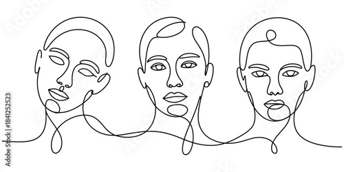 Continuous line art of three female faces, minimalist portrait drawing