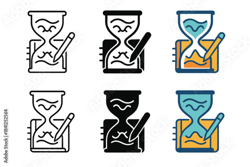 Hourglass Diary Fusion. Minimal hourglass merged with diary symbol, showing fluid time and quantum uncertainty in reflection and