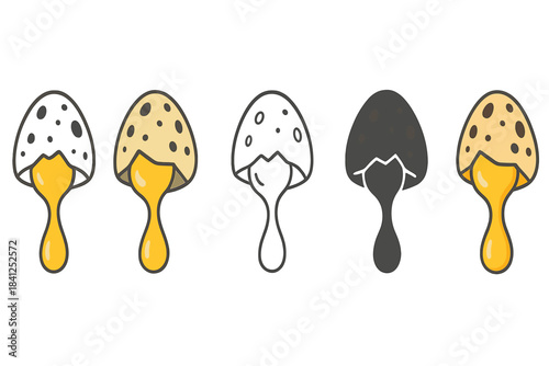 Cracked Quail Egg Art. Simplified quail eggshell cracked open with yolk gently falling, capturing motion and fragility, first in