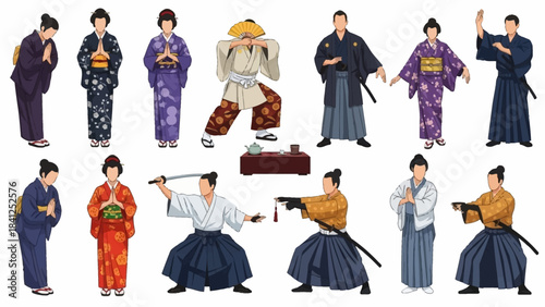Dynamic collection of Japanese women in colorful kimonos and men demonstrating martial arts poses