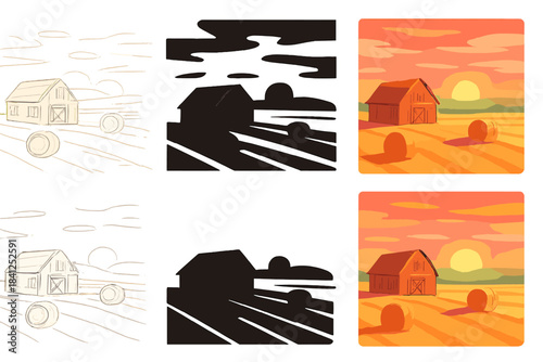 Sunset Over Hay Bales. Barn and hay bales under pink-orange sky, long shadows stretching across field, serene balanced composition