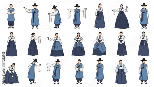 Stunning collection of Korean men and women demonstrating various traditional Hanbok poses and etiquette