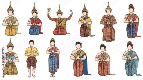 Stunning collection of Thai people showing traditional Wai greeting gestures in vibrant cultural attire
