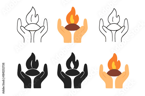 Nurturing Flame. Hands tending small peat flame, symbolic of care and continuity, simple human gesture rendered in clean outline,