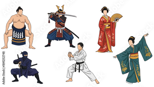 Dynamic collection of traditional Japanese figures featuring a geisha samurai ninja and martial artist poses