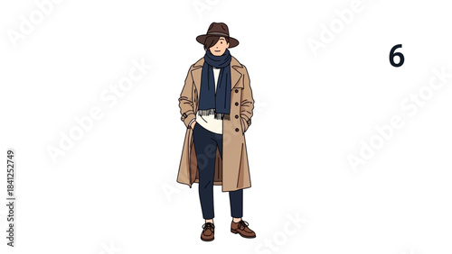 Stylish young man in fashionable trench coat and fedora hat walking confidently through city streets