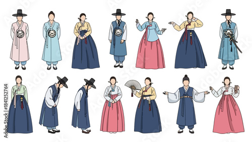 Stunning collection of historical Korean Hanbok attire showing various traditional poses and elegant gender styles
