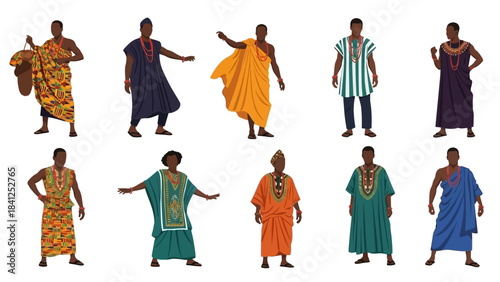 Vibrant collection of diverse African men showcasing traditional cultural attire and modern ethnic fashion styles