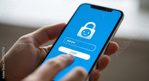Wallpaper Mural Person holding smartphone with blue login screen featuring a smiling unlocked padlock blue background Torontodigital.ca